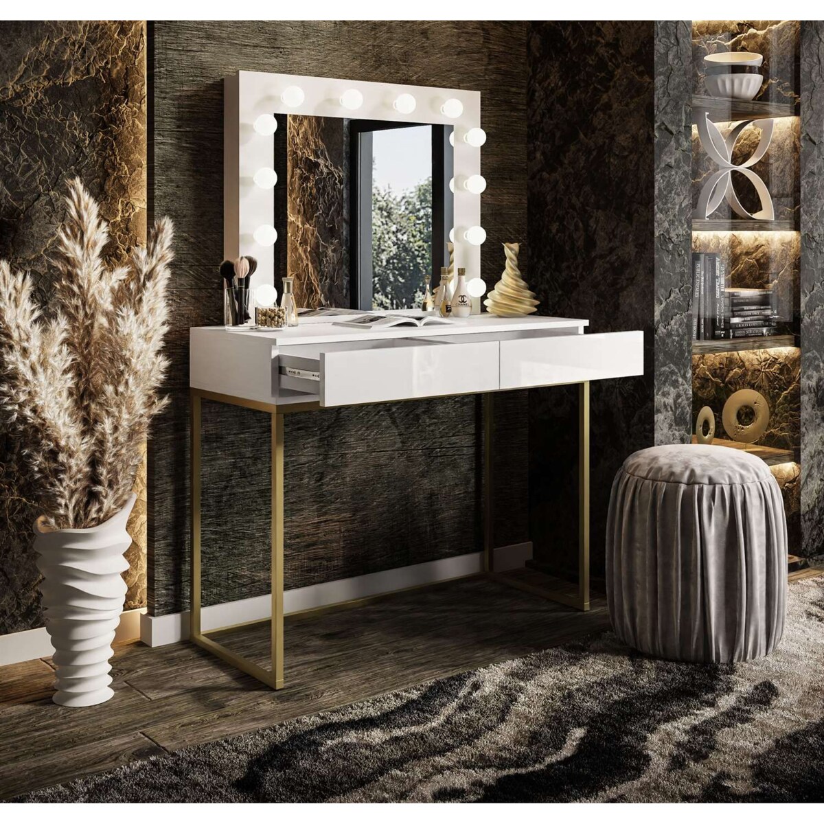 Toaletka BLANCO GOLD 100x42x81 cm, biała wysoki połysk z złotymi detalami