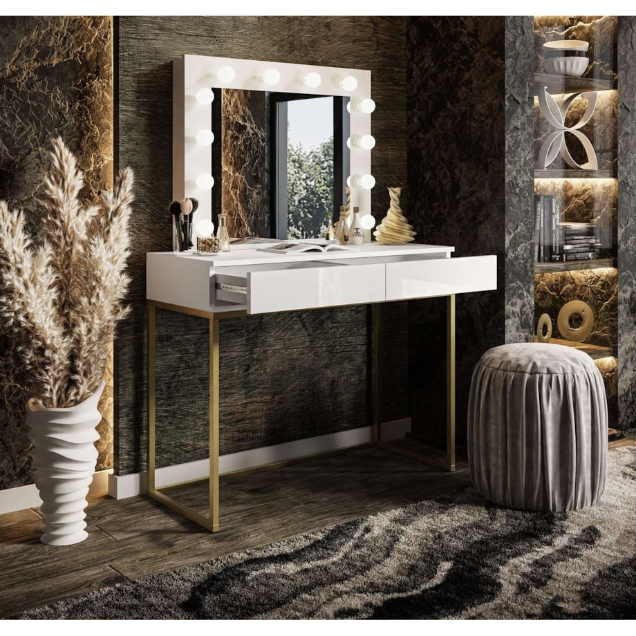 Toaletka BLANCO GOLD 100x42x81 cm, biała wysoki połysk z złotymi detalami