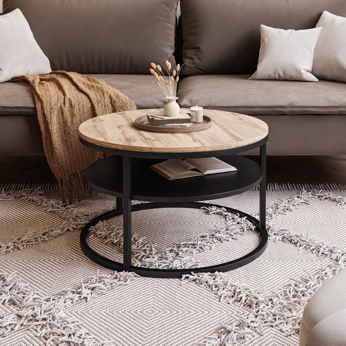 Stolik kawowy CIRI SLIM z półką czarny dąb artisan