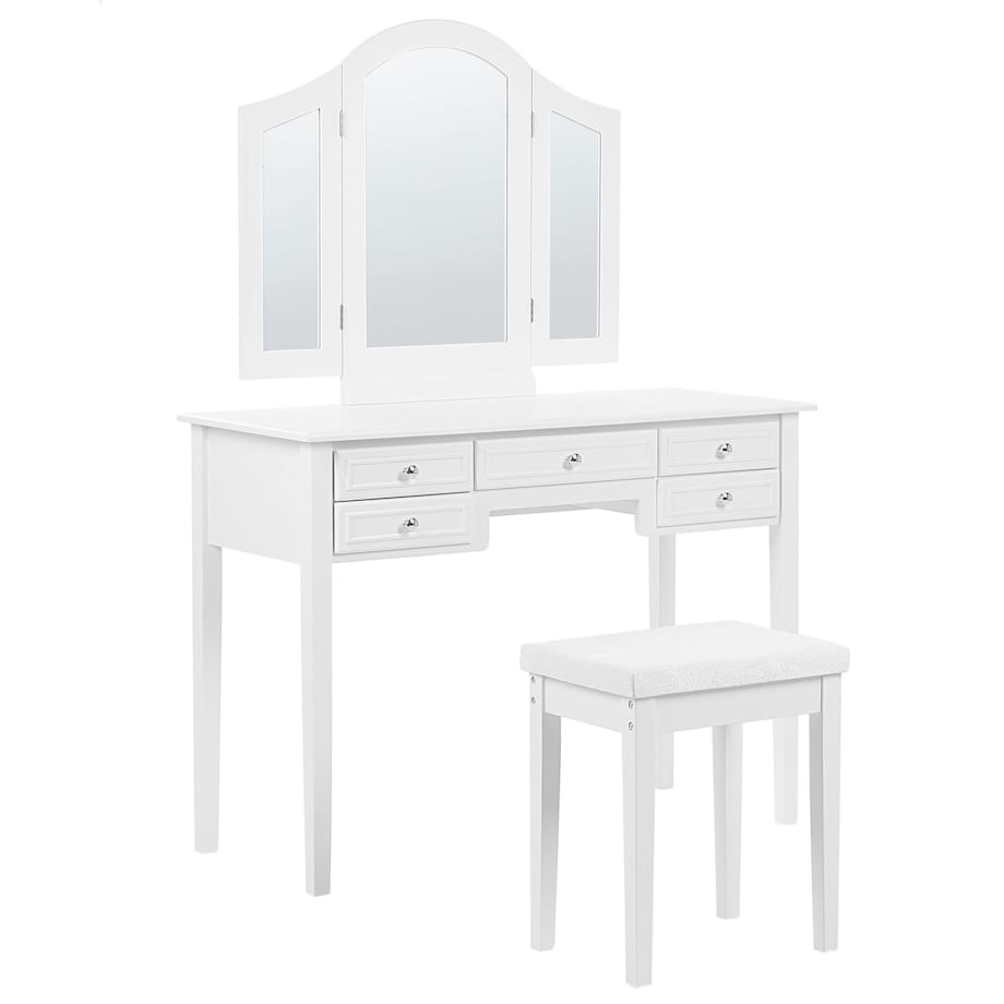 Toaletka 5 szuflad lustro i stołek biała LUMIERE