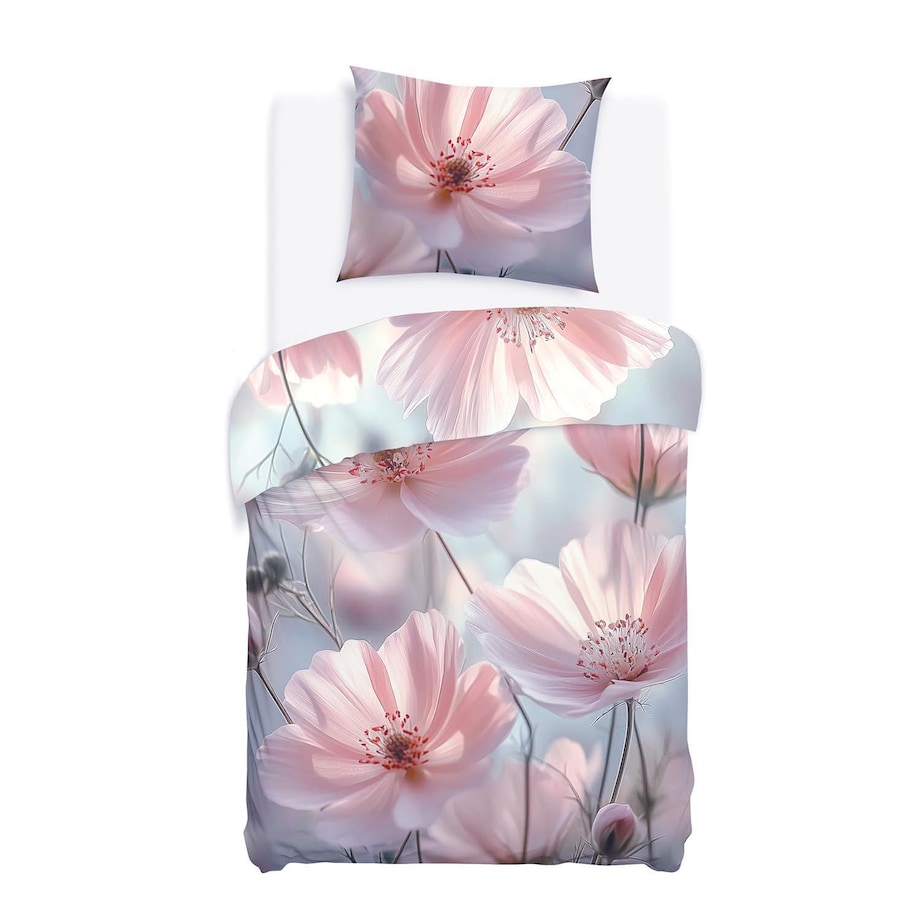 Pościel satyna bawełniana 140x200 Rosabella pastelowe różowe kwiaty, Satynlove Premium