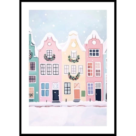 Poster Story, Plakat, Obraz - Pastelowe Domy z Świątecznymi Wieńcami, wymiary 21 x 30 cm