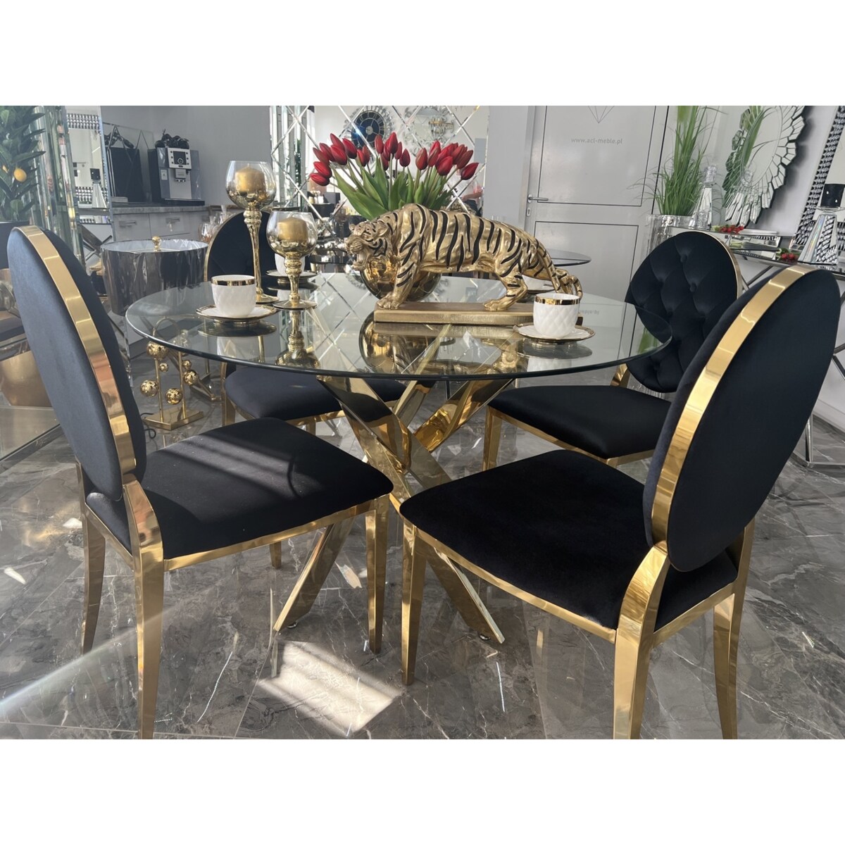 Stół okrągły Nordic złoty z szybą przeźroczystą 120x75