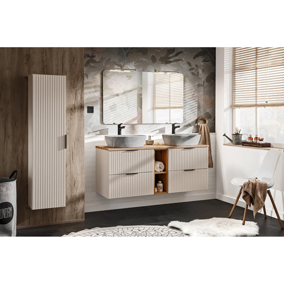 Szafka pod umywalkę nablatową ADEL CASHMERE 60cmx2 kaszmirowa - zestaw 140 cm z regałem i blatem