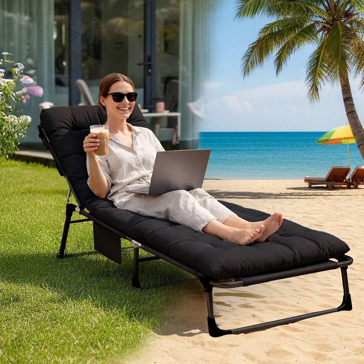 Leżak ogrodowy Sofotel Dream plażowy składany czarny + materac + poduszka + pokrowiec