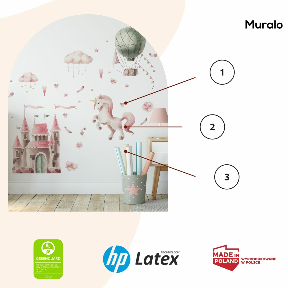 ZESTAW Naklejek DLA DZIECI Jednorożec Akwarelowy Zamek Balon Różowe Chmurki 60x30cm