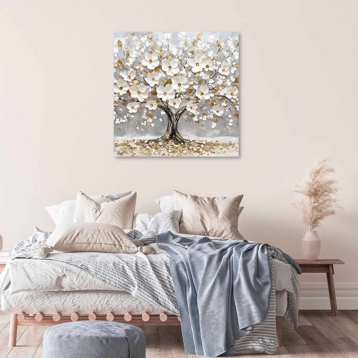 Obraz Drzewo Życia Białe Kwiaty Liście Złoty do sypialni do salonu na ścianę 60x60