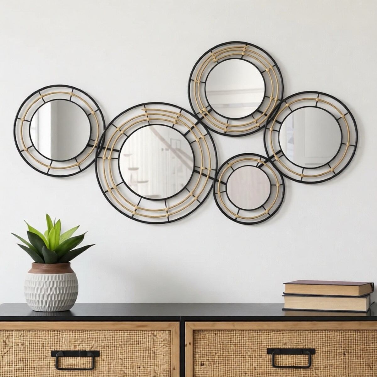 Dekoracja ścienna Mirrors Oporto, kolor czarny i brązowy, żelazo i rattan, 111 x 59 cm, do salonu i przedpokoju, Mauro Ferretti