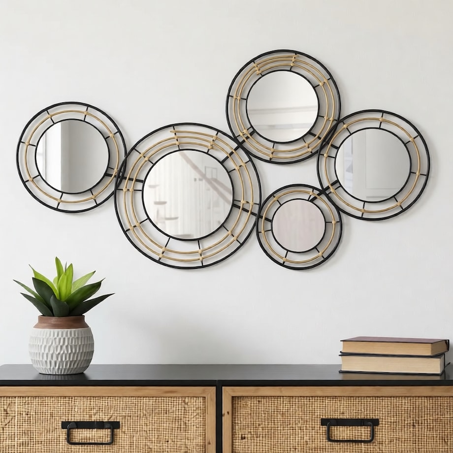 Dekoracja ścienna Mirrors Oporto, kolor czarny i brązowy, żelazo i rattan, 111 x 59 cm, do salonu i przedpokoju, Mauro Ferretti