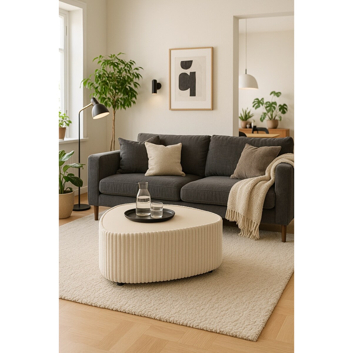 Stolik kawowy tapicerowany MIJA w tkaninie Tilia, Ecru