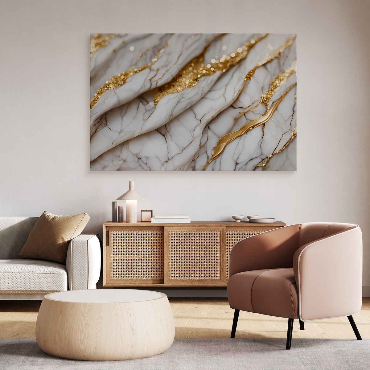 OBRAZ DO SYPIALNI BIAŁY NOWOCZESNY MARMUR ELEMENTY ZŁOTA 40x30cm