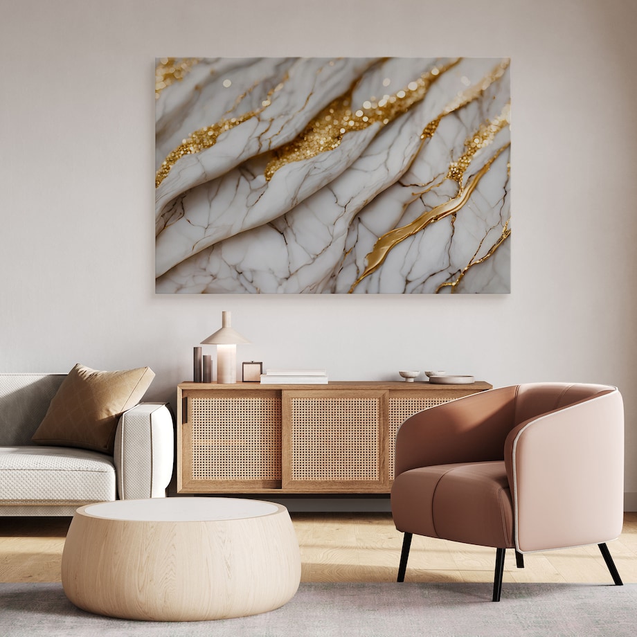 OBRAZ DO SYPIALNI BIAŁY NOWOCZESNY MARMUR ELEMENTY ZŁOTA 40x30cm