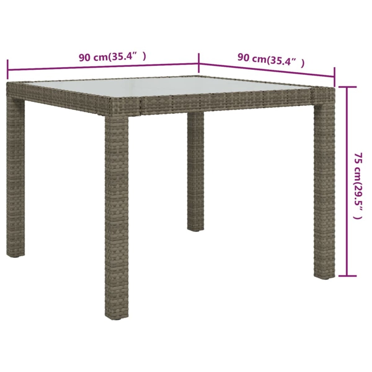 vidaXL Stół ogrodowy, 90x90x75 cm, szkło i rattan PE, szary
