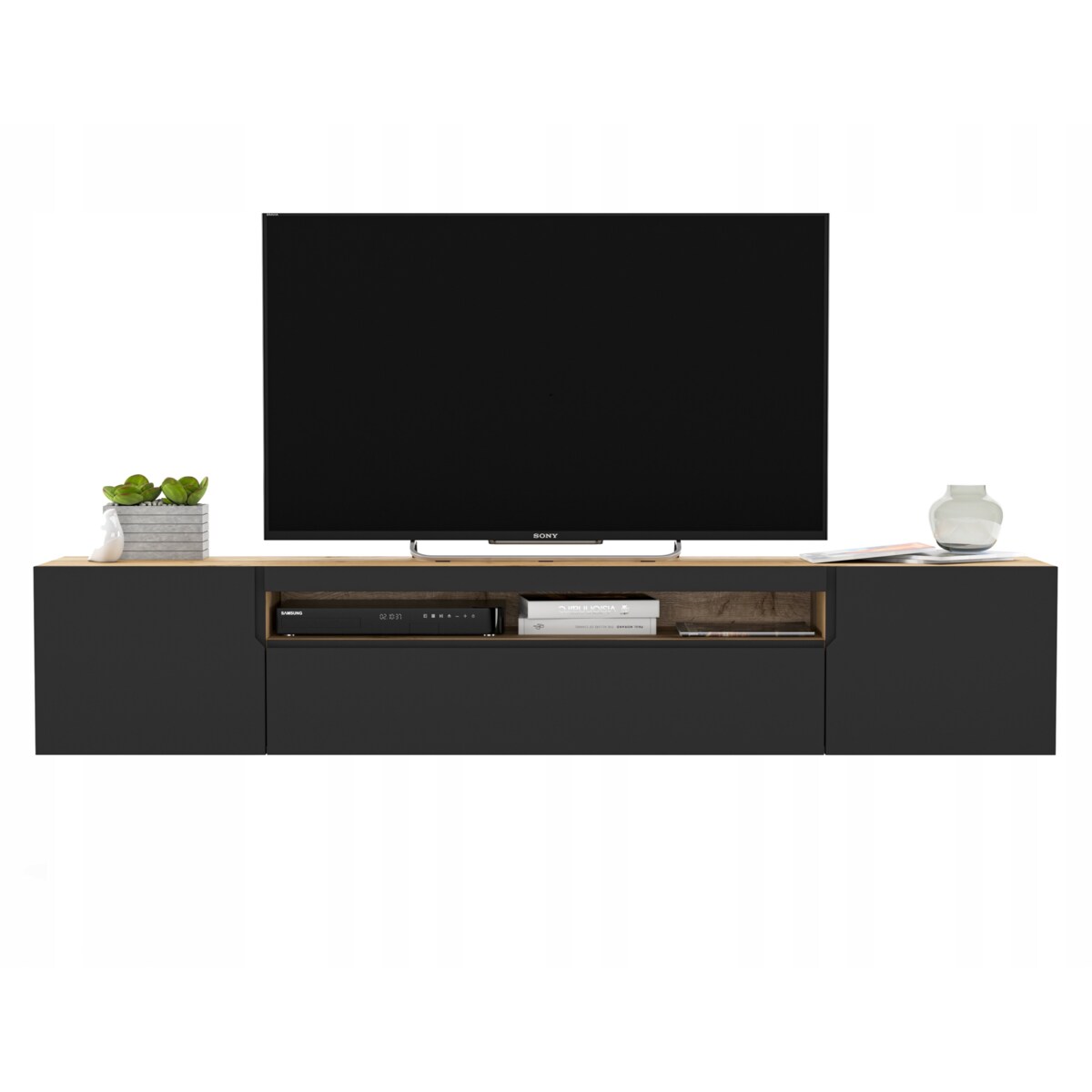 Szafka RTV Loft Industrialna Dąb Artisan Czarny MAT 200 cm