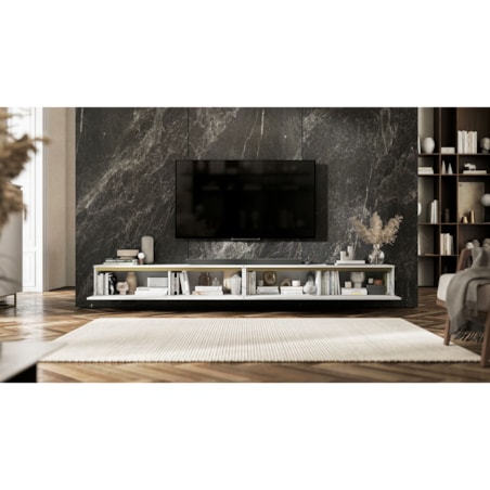 Wisząca Szafka RTV Glamour Komoda RTV Biały Mat 280 cm ryflowane fronty