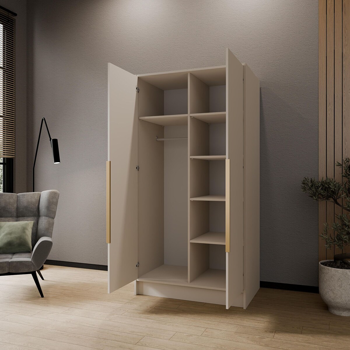 Szafa 100 gładka LUSO z lustrem i złotymi uchwytami, kaszmirowa