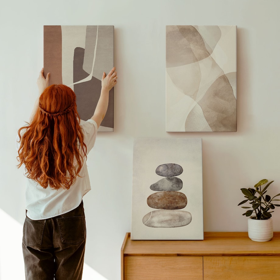 Zestaw 3 dużych obrazów na płótnie - Malarstwo abstrakcyjne nowoczesne - pomarańczowy