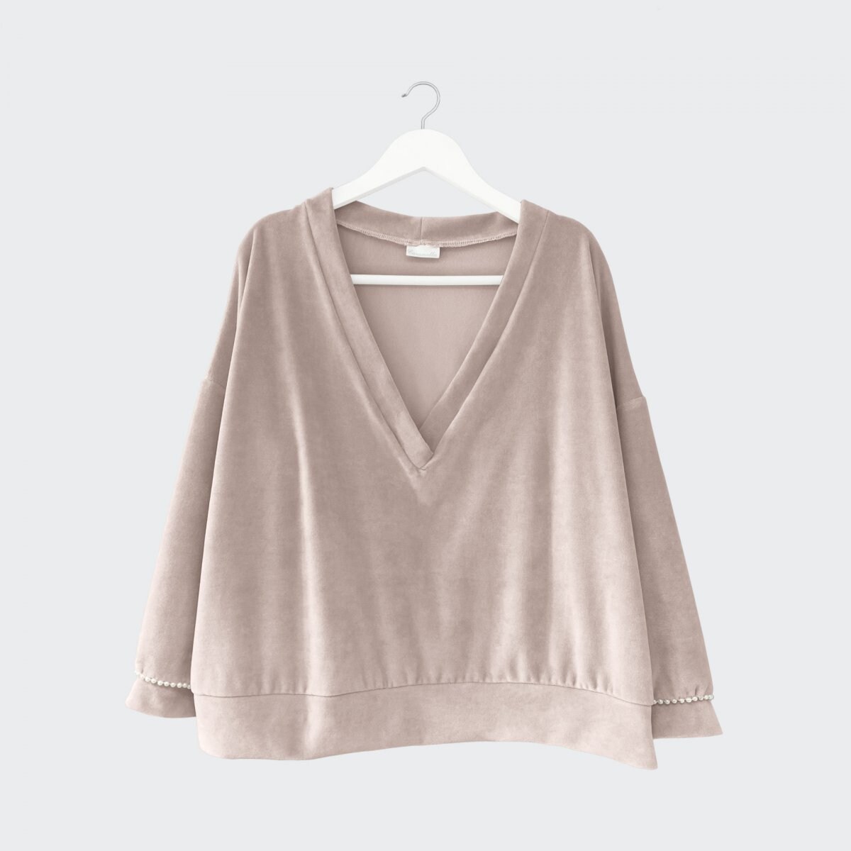 Welurowa beżowa bluza z perełkami przy mankietach - S/M