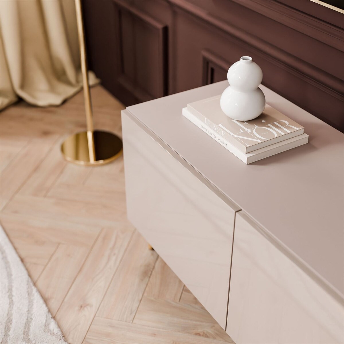 Szafka RTV COLGANTE 100 kaszmir wysoki połysk, oświetlenie LED, nóżki skośne złote