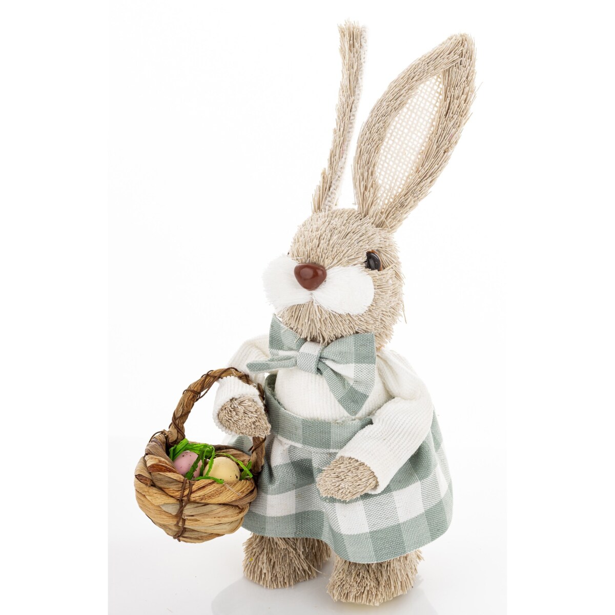 Figurka - króliczek z wielkanocnym koszyczkiem 23,5x11x13 cm w sukience w biało-niebieską kratkę