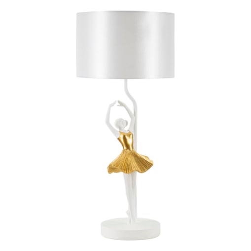 Lampa stołowa Dancer, kolor złoty i biały, żywica syntetyczna i żelazo, 28 x 28 x 64 cm, 1 x E27, max. 40 W, do salonu i sypialni, Mauro Ferretti