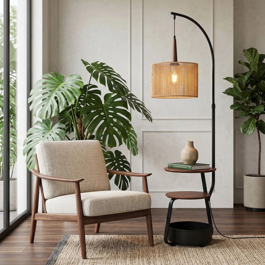 Lampa Podłogowa G156-1F Nature Czarny, Złoty, Metal, Drewno, Sznurek Jutowy