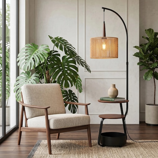 Lampa Podłogowa G156-1F Nature Czarny, Złoty, Metal, Drewno, Sznurek Jutowy