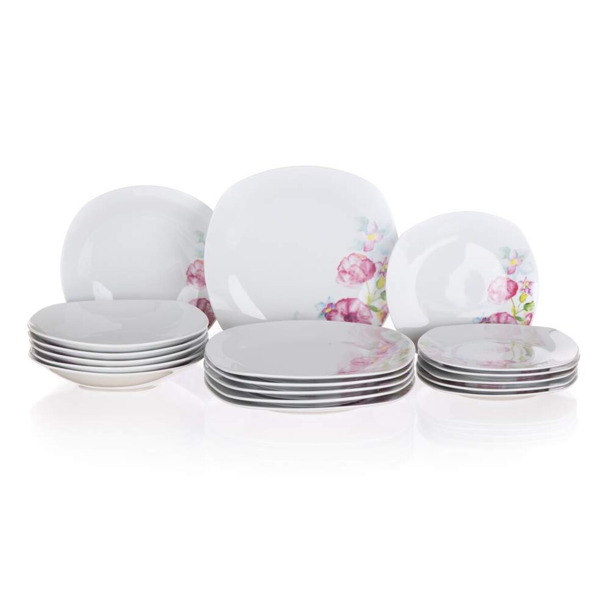 TALERZE OBIADOWE KOMPLET dla 6 osób W KWIATY KWADRATOWE białe serwis
