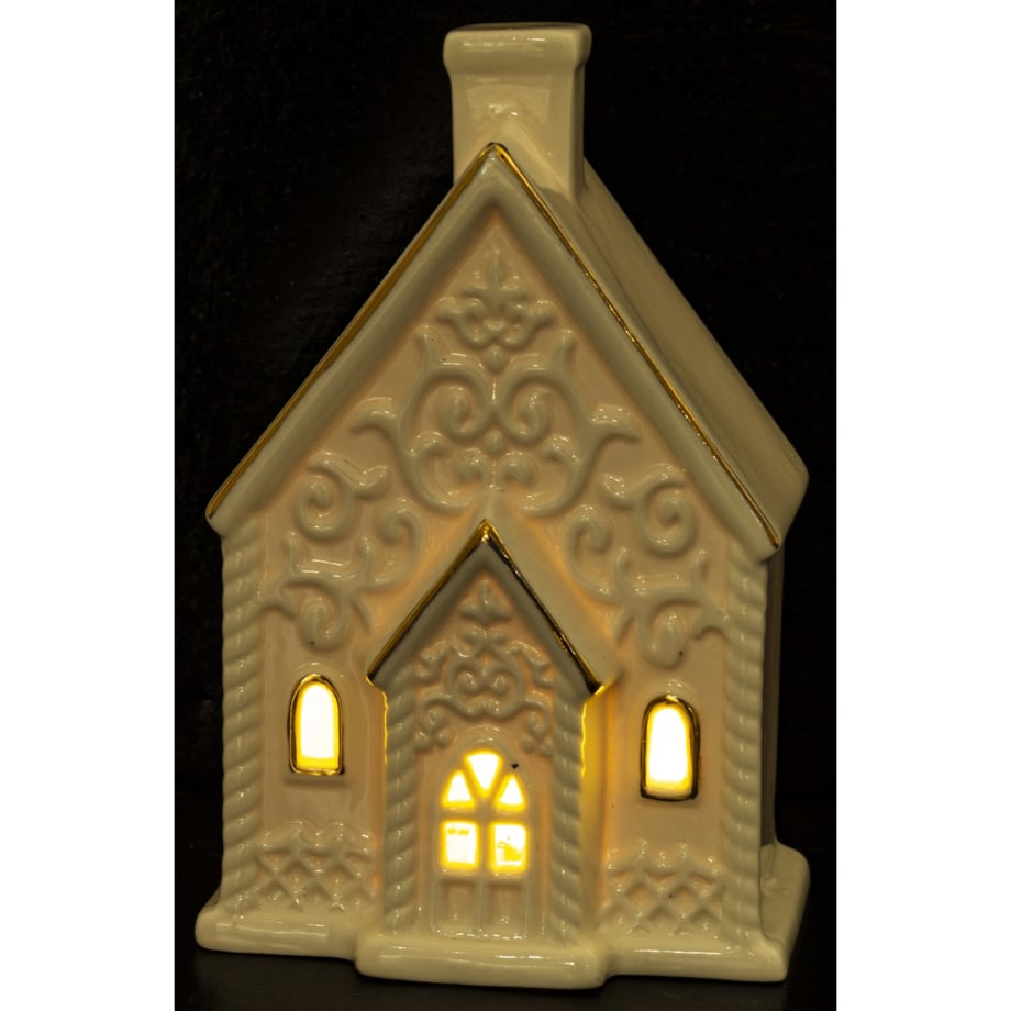 Domek ceramiczny LED 13,5x9 cm z wysokim kominem