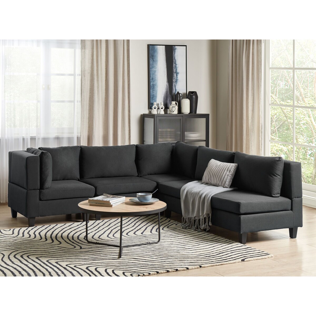 Tapicerowany prawostronny narożnik modułowy 5-osobowy czarny UNSTAD