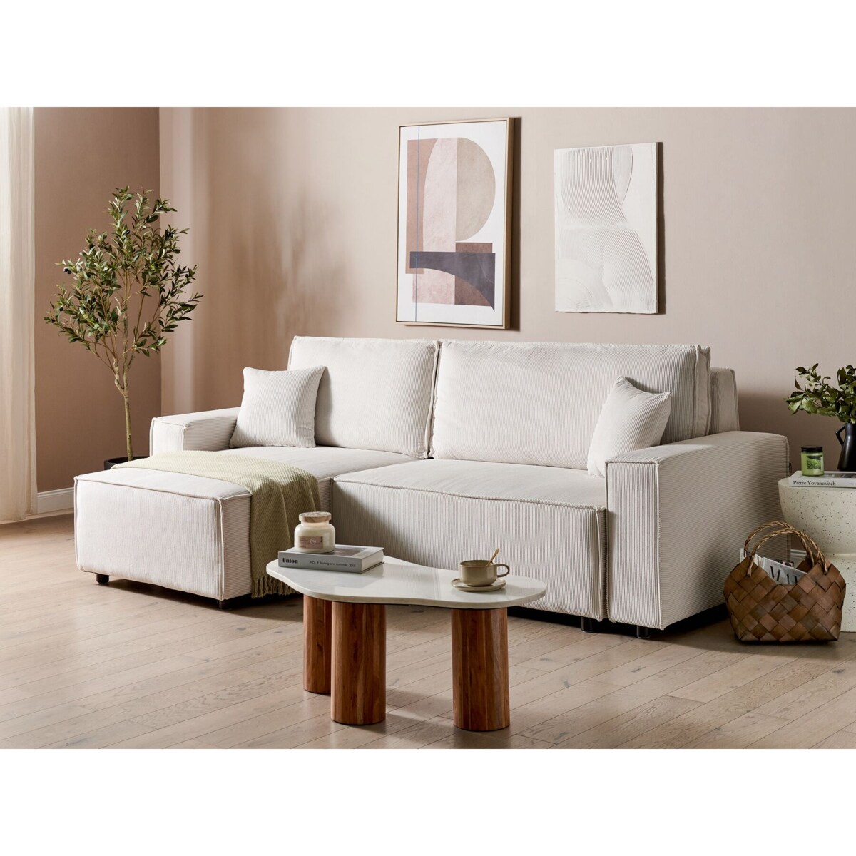 Narożnik prawostronny rozkładany sztruksowy złamana biel ABACKA