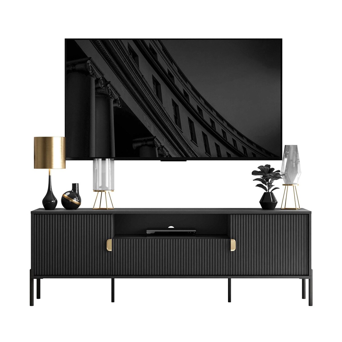 Szafka RTV DALIA 180 cm, czarna, nóżki czarne