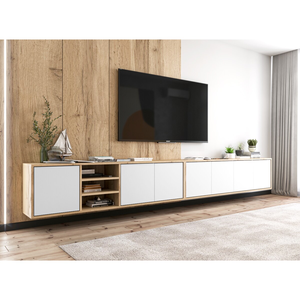 Wisząca Szafka RTV Loft Komoda RTV Dąb Wotan Biały MAT 150 cm