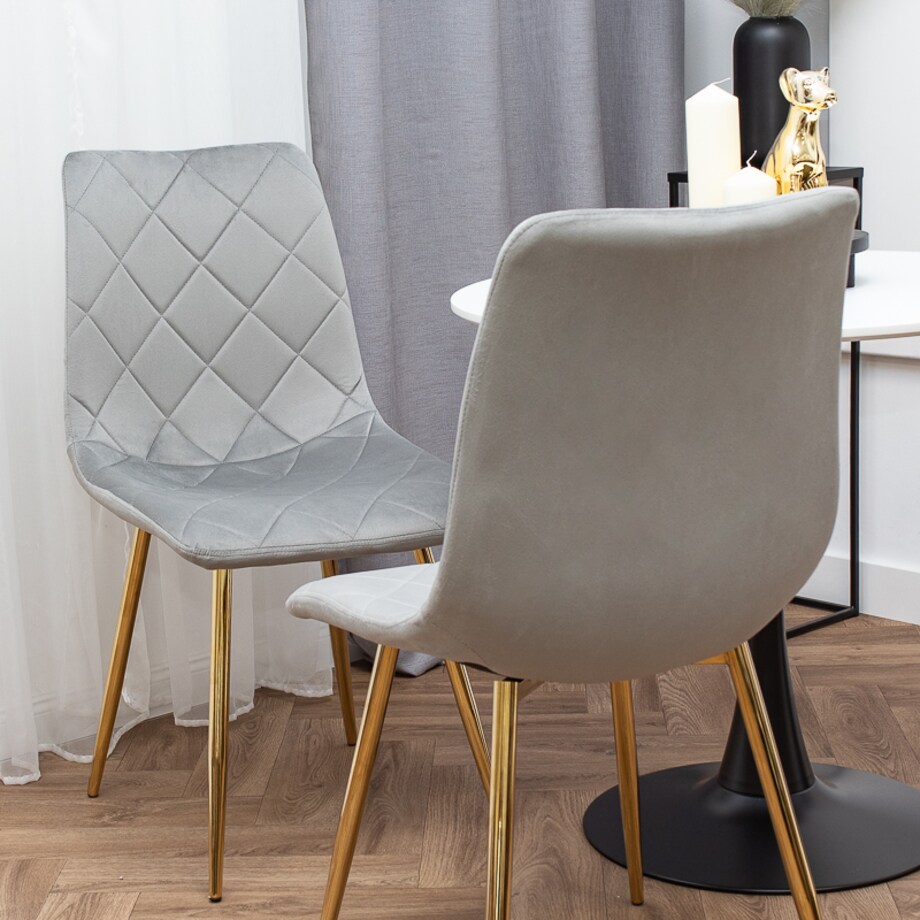 Krzesło tapicerowane szare welurowe pikowane nowoczesne złote nogi
