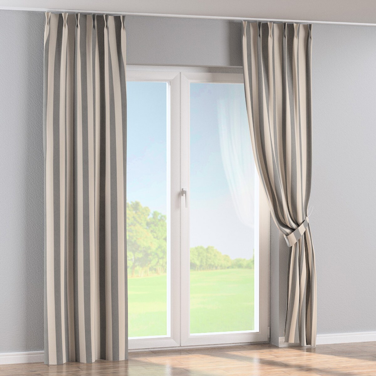 Zasłona na haczykach flex podwójnych 130x245 biało-szare pionowe pasy (5,5cm)