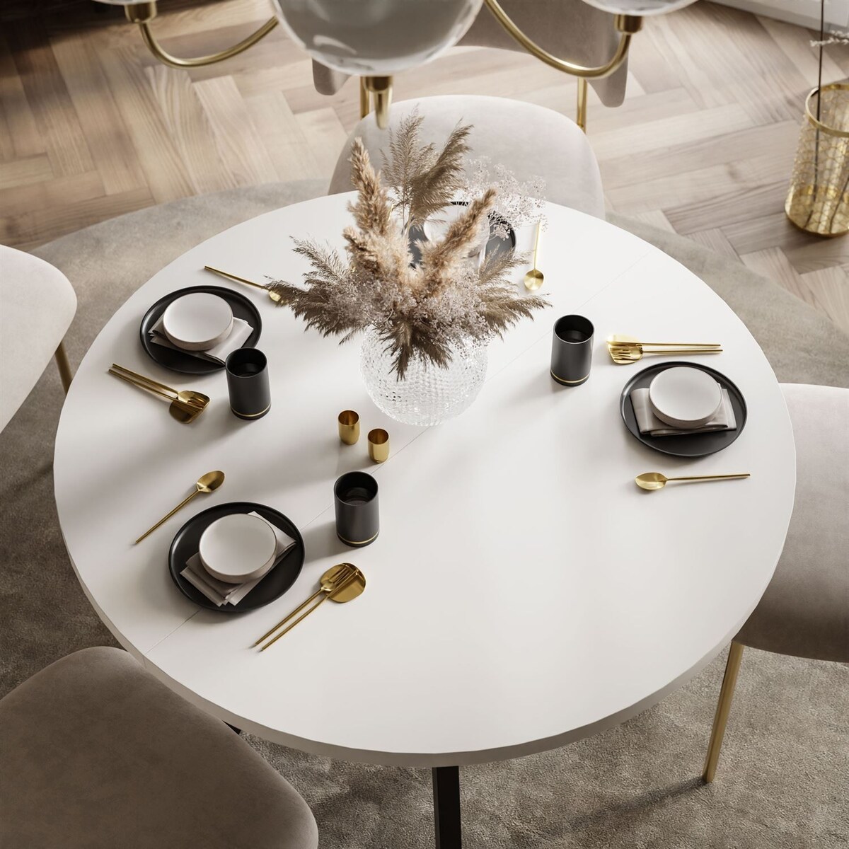 Okrągły stół rozkładany VOLTA MATT, nogi czarne, blat biały