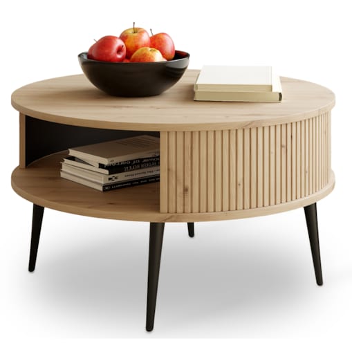 Nowoczesny Stolik Kawowy Lamele DĄB ARTISAN Ø 76 cm VERLO + Czarne Nogi
