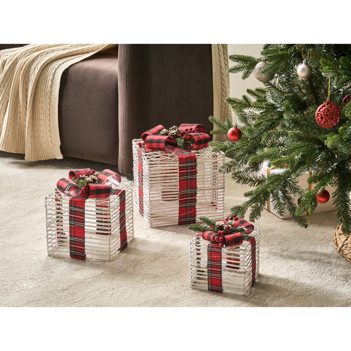 Zestaw 3 dekoracji świątecznych LED MANGEN Prezenty świąteczne 20/25/35 cm Złamana biel