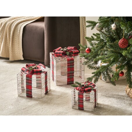 Zestaw 3 dekoracji świątecznych LED MANGEN Prezenty świąteczne 20/25/35 cm Złamana biel