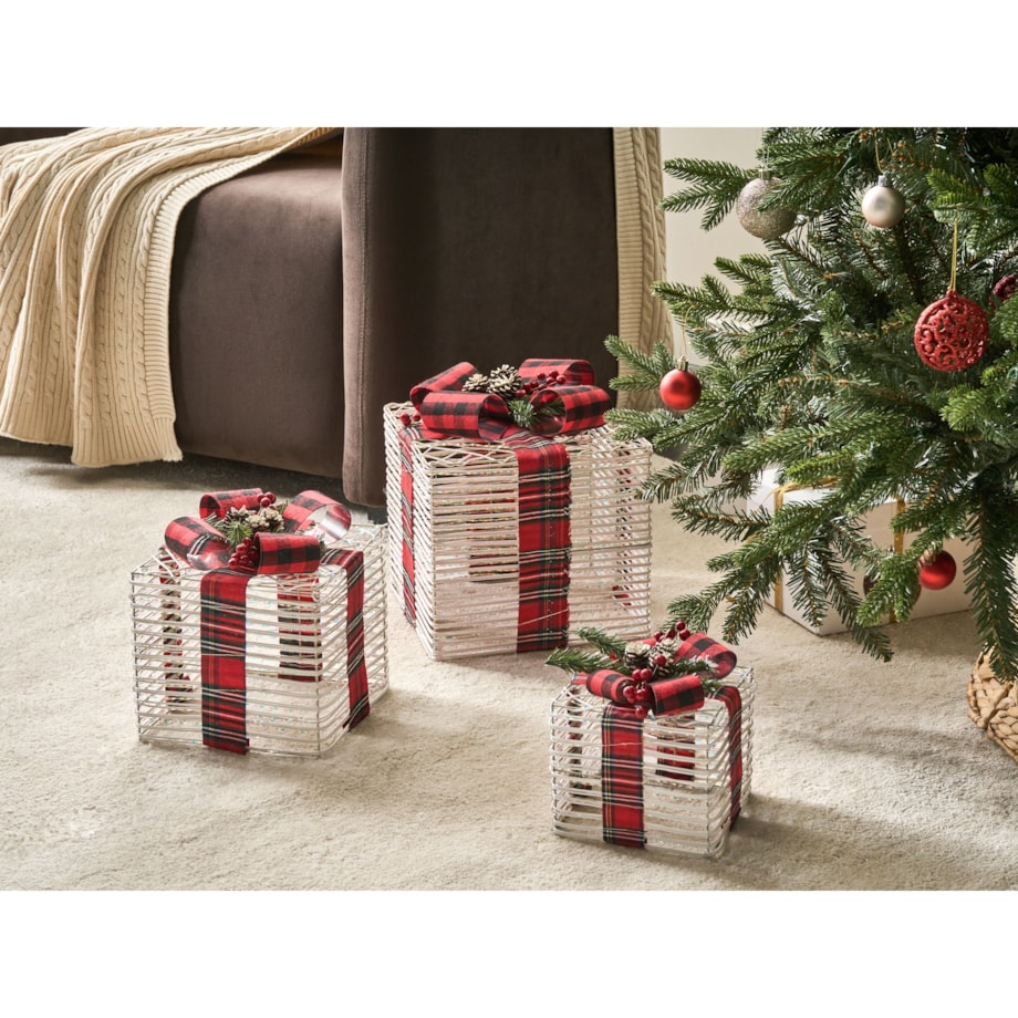 Zestaw 3 dekoracji świątecznych LED MANGEN Prezenty świąteczne 20/25/35 cm Złamana biel