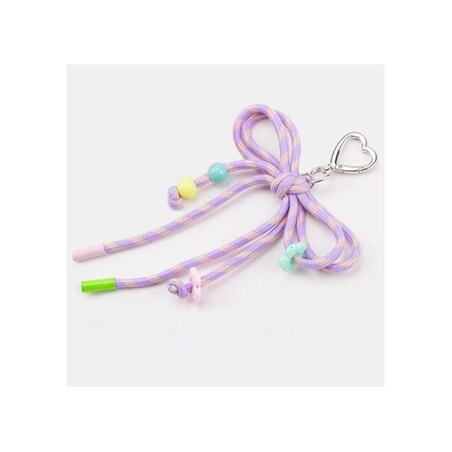 Brelok do kluczy, sznurkowa kokardka, koraliki, fiolet w paski BRL406FIO