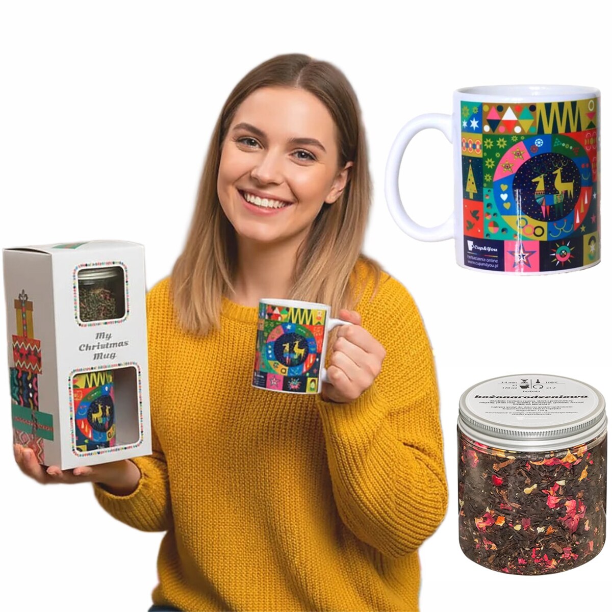 ŚWIĄTECZNY ZESTAW PREZENTOWY "MY GLOSSY CHRISTMAS MUG" HERBATA DO WYBORU KUBEK - PREZENT UPOMINEK NA MIKOŁAJA ŚWIĘTA GWIAZDKĘ BOŻE NARODZENIE POD CHOINKĘ DLA KOBIETY FACETA