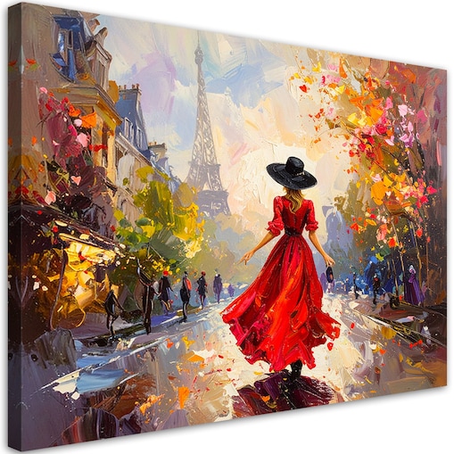 Obraz do salonu sypialni, Kobieta w czerwonej sukience i kapeluszu na tle Wieży Eiffla 60x40 cm