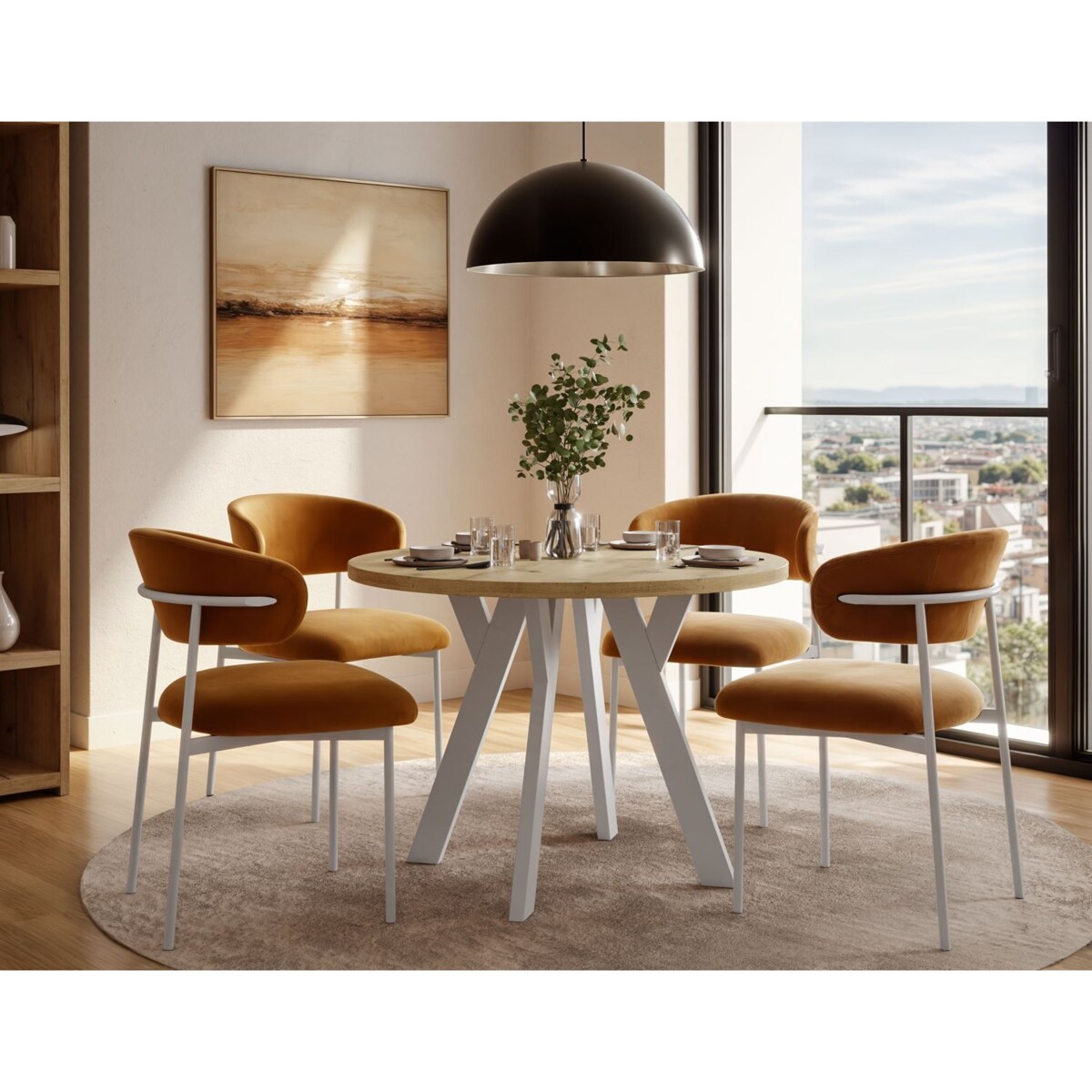 Okrągły stół rozkładany VOLTA LOFT, nogi białe, blat dąb artisan