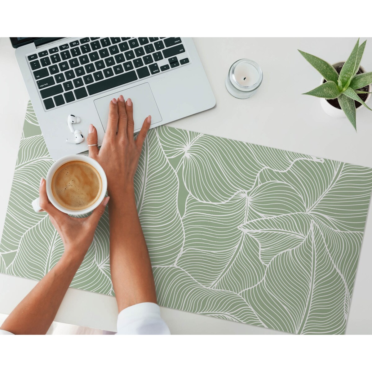 Zielona mata na biurko Liście z liniami, 90x45 cm