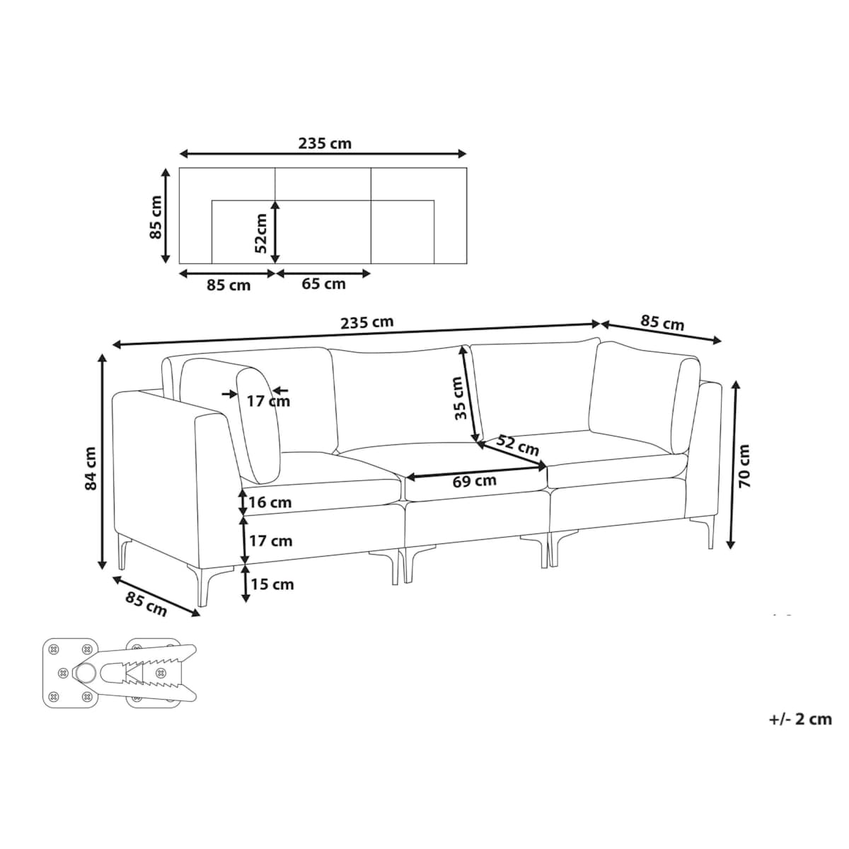 Sofa modułowa EVJA Welur Różowy dla 3 osób