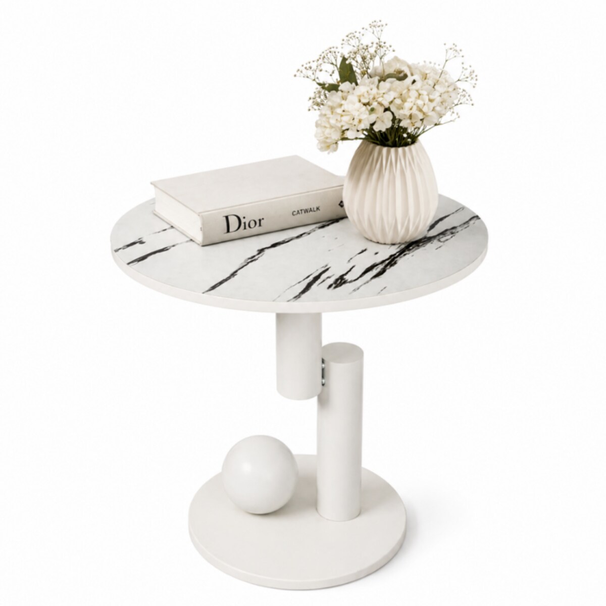 Stolik kawowy, pomocniczy, okrągły, biały marmur 50cm, KULA STL28B
