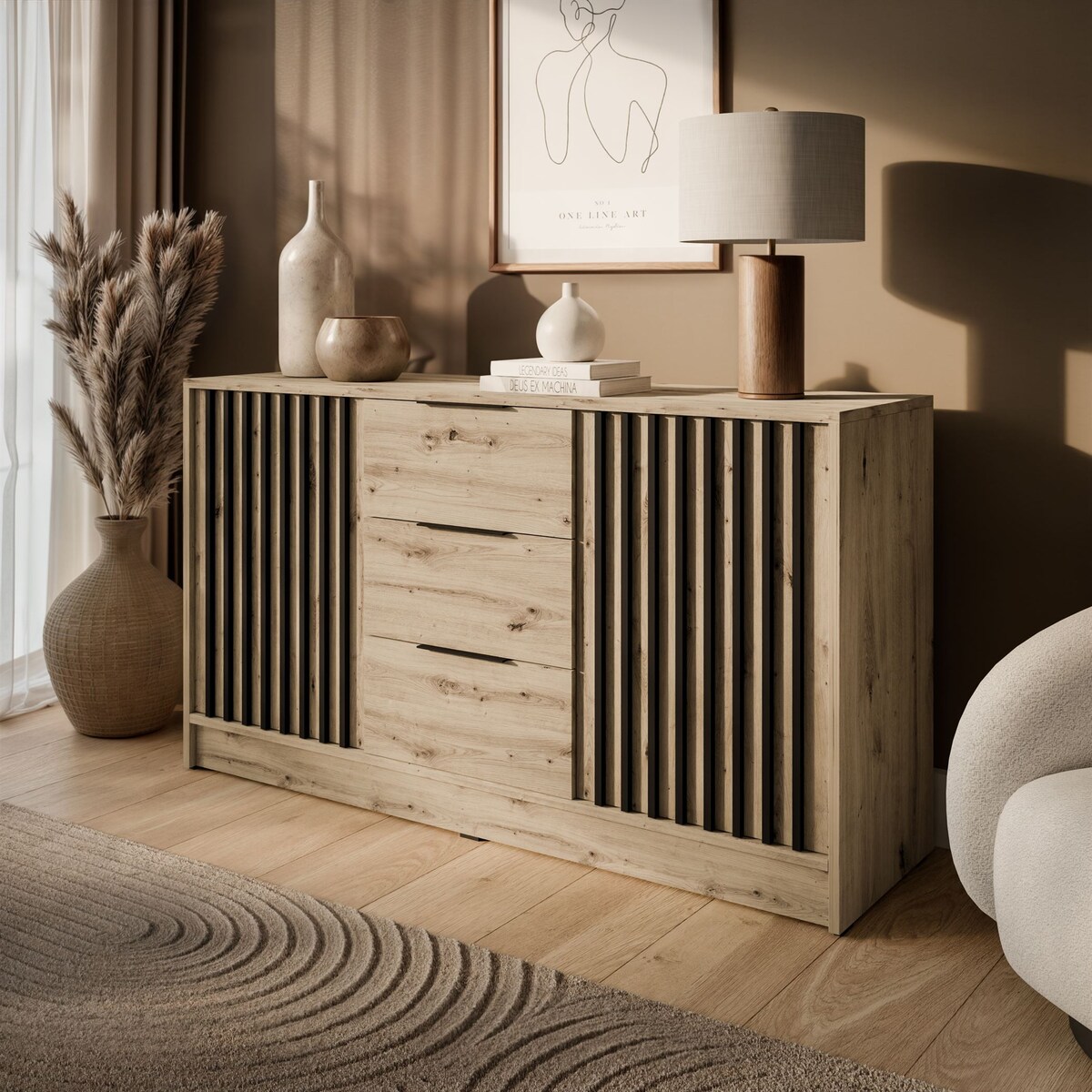 Dwudrzwiowa komoda NELA z lamelami, dąb artisan + czarny