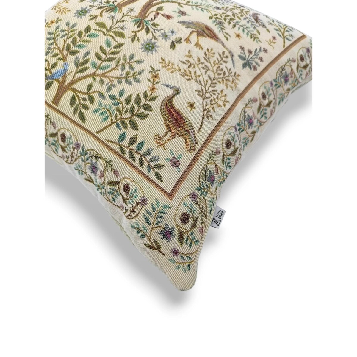 Dwustronna poduszka gobelinowa w czaple i folkowe motywy roślinne 45x45