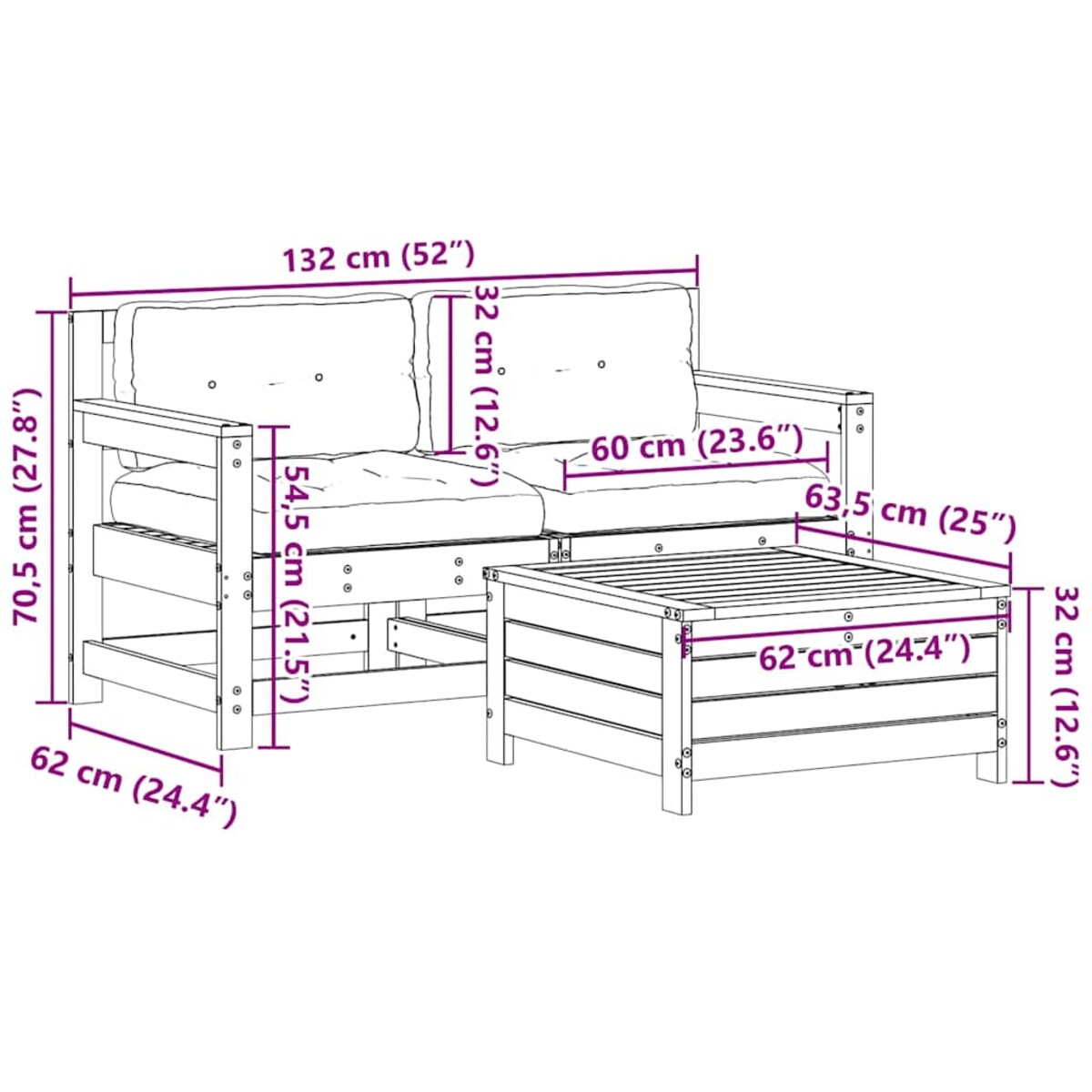 vidaXL 3-cz. zestaw wypoczynkowy z poduszkami, lite drewno sosnowe